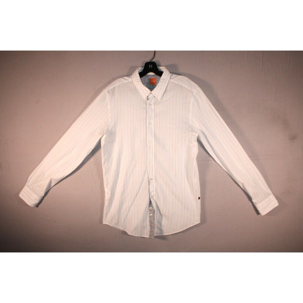 BOSS Hugo Boss Orange Men's L White Blue Striped Floral Trim Button Up Shirt